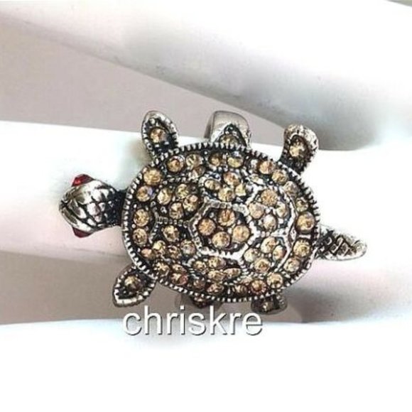 Silver Sea Life Turtle Cocktail Ring Size 6 Champagne Peach Crystals Plated Cute - Picture 4 of 8